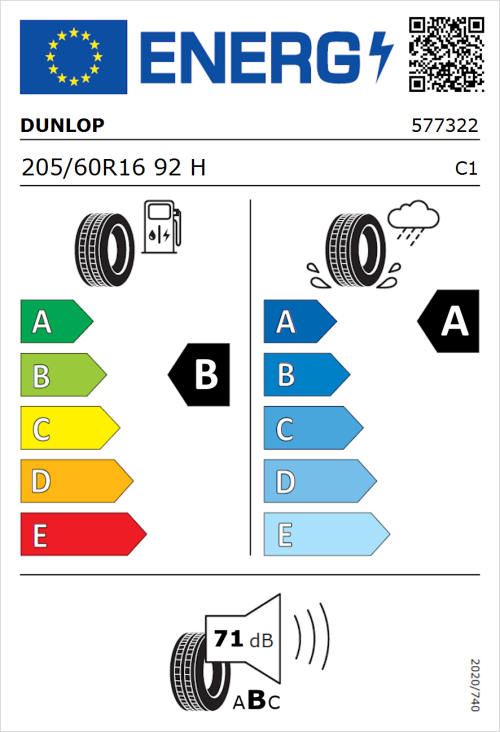 Tyre Label for Dunlop Sport BluResponse 205/60R16 92H