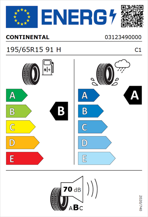 Tyre Label for Continental UltraContact 195/65R15 91H
