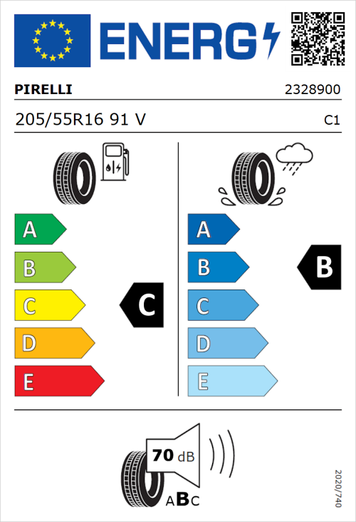 Tyre Label for Pirelli Cinturato P7 205/55R16 91V