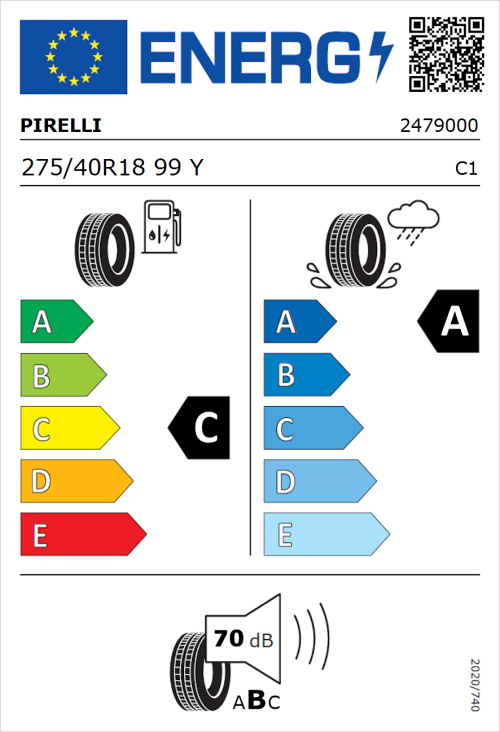 Tyre Label for Pirelli Cinturato P7 275/40R18 99Y